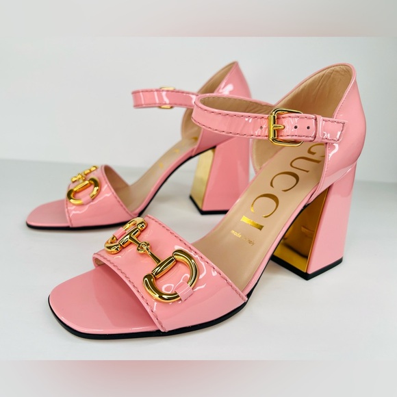 GUCCI Baby Buckle Horsebit Ankle Strap Chunky Heel Patent Leather Sandal EU 39.5 - Picture 1 of 12